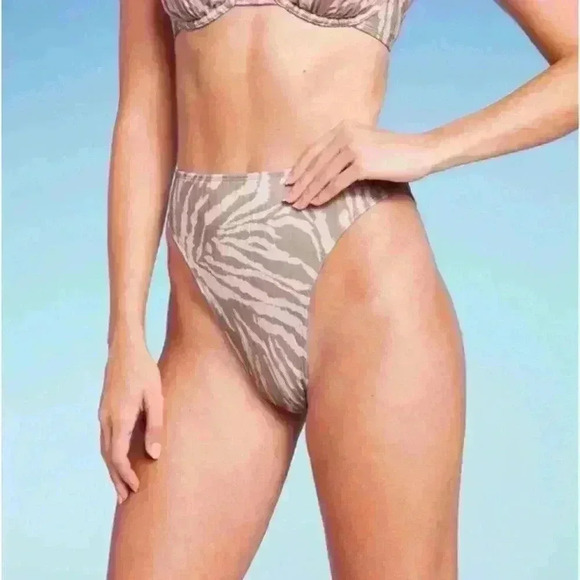 Wild Fable Ribbed High Leg High Waist Bikini Bottom Tan Animal Print Size XXS - Picture 1 of 6